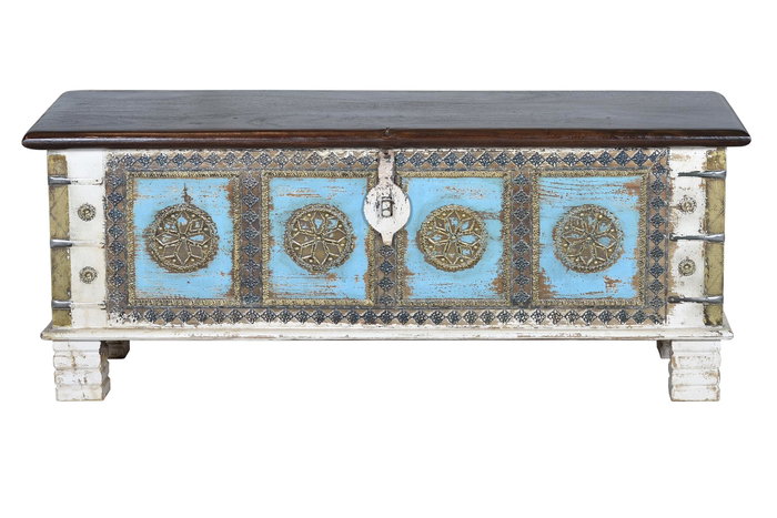 GINER Y COLOMER Buffet en bois de manguier blanc vieilli et cerisier avec détails bleus et bronze - 116 x 40 x 45 cm, grande capacité
